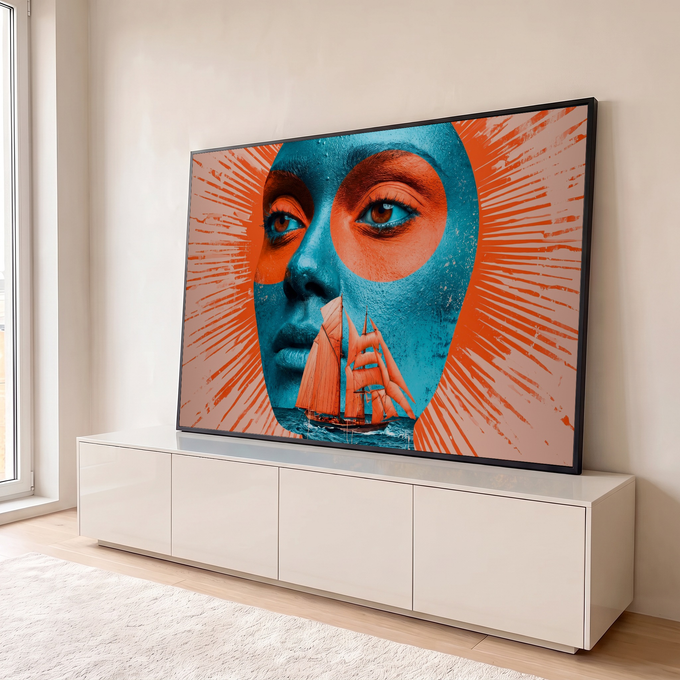 Quadro Decorativo Grande Rosto com Veleiro para Sala Azul | quadros decorativos para sala | rosto em azul-petróleo com veleiro laranja sobreposto na boca e círculo laranja no olho | em Quadros para Sala | Porao dos Quadros