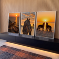 Quadro Decorativo Kit 3 Telas Pôr do Sol Gato para Sala | quadros decorativos para sala | painel triplo com gato, cavalo e cães em cenas de pôr do sol | em Quadros para Sala | Porao dos Quadros