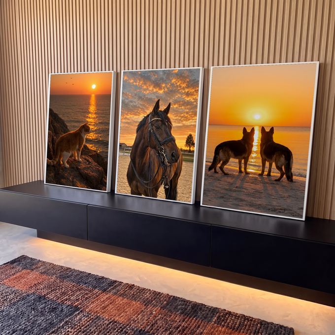 Quadro Decorativo Kit 3 Telas Pôr do Sol Gato para Sala | quadros decorativos para sala | painel triplo com gato, cavalo e cães em cenas de pôr do sol | em Quadros para Sala | Porao dos Quadros
