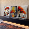 Quadro Decorativo Kit 3 Telas Árvore Vermelha para Sala | quadros decorativos para sala | tríptico com árvore vermelha e dourada e cavalos brancos em texturas de pincelada | em Quadros para Sala | Porao dos Quadros