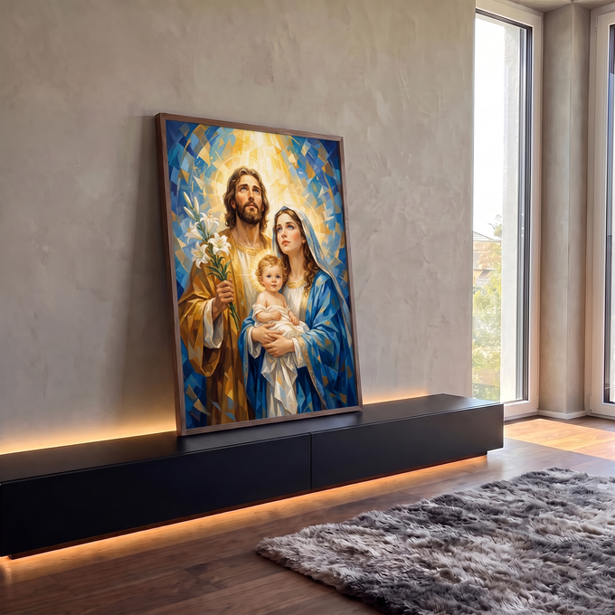 Quadro Decorativo Grande Sagrada Família para Sala Azul | quadros decorativos para sala | Sagrada Família em estilo mosaico azul e dourado com auréolas e lírios brancos | em Quadros para Sala | Porao dos Quadros