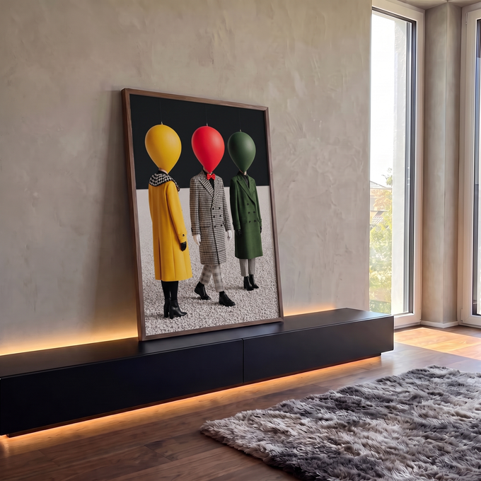 Três manequins com cabeças de balão amarelo, vermelho e verde vestindo sobretudos, quadro decorativo