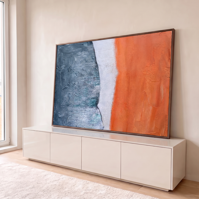 Quadro Decorativo Grande Abstrato Branco para Sala Cinza | quadros decorativos para sala | blocos de cor cinza, branco e laranja em textura espessa de tinta | em Quadros para Sala | Porao dos Quadros