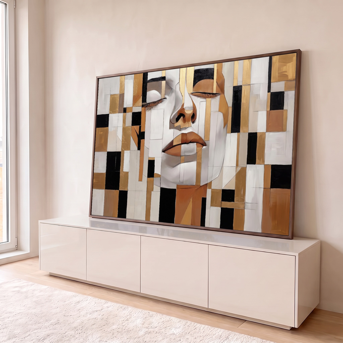Rosto feminino de olhos fechados em blocos geométricos dourados, brancos e pretos, quadro decorativo