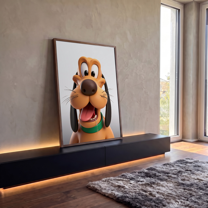Cachorro cartoon 3D laranja com orelhas pretas, língua de fora e coleira verde, quadro decorativo