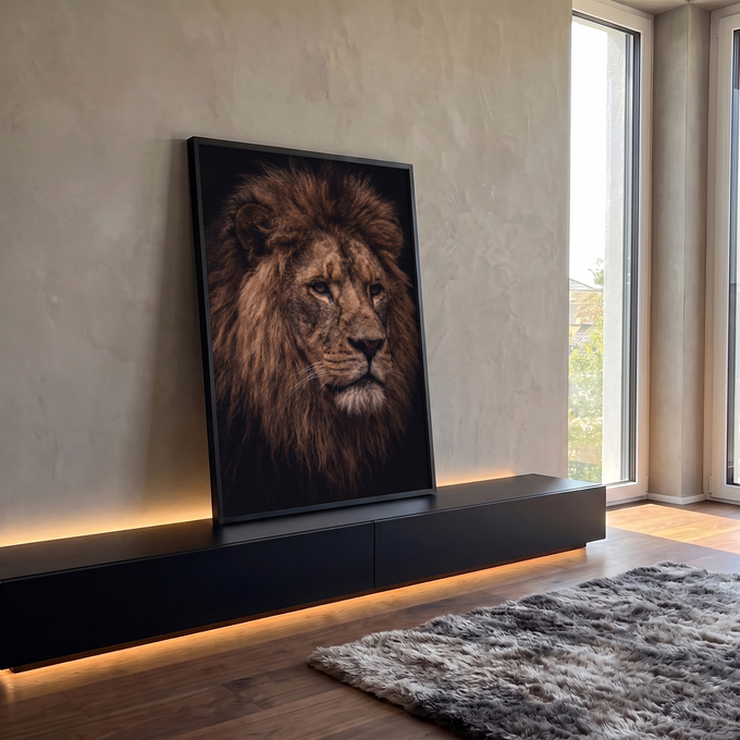 Retrato fotográfico de leão com juba marrom e olhar sereno sobre fundo preto, quadro decorativo