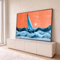 Quadro Decorativo Grande Veleiro no Mar para Sala Azul | quadros decorativos para sala | veleiro navegando em ondas azuis estilizadas sob céu laranja com sol e pássaros | em Quadros para Sala | Porao dos Quadros