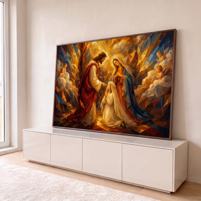 Quadro Decorativo Grande Primeira Comunhão para Sala Dourado | quadros decorativos para sala | Jesus entrega cálice dourado a menina em oração ao lado de Nossa Senhora, com anjos ao fundo | em Quadros para Sala | Porao dos Quadros