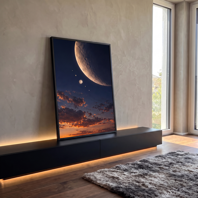 Lua crescente com crateras, Júpiter e planetas sobre nuvens alaranjadas ao entardecer, quadro decorativo