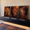 Quadro Decorativo Kit 3 Telas Jesus Cristo para Sala Laranja | quadros decorativos para sala | tríptico de Jesus Cristo com coroa de espinhos e leão em tons de fogo | em Quadros para Sala | Porao dos Quadros