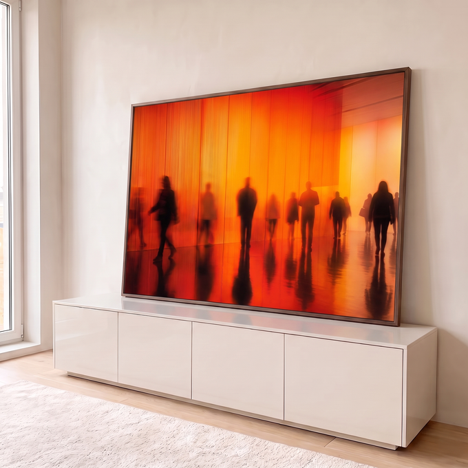 Quadro Decorativo Grande Silhuetas em Corredor para Sala | quadros decorativos para sala | silhuetas borradas de pessoas caminhando em corredor com cortinas laranja retroiluminadas | em Quadros para Sala | Porao dos Quadros