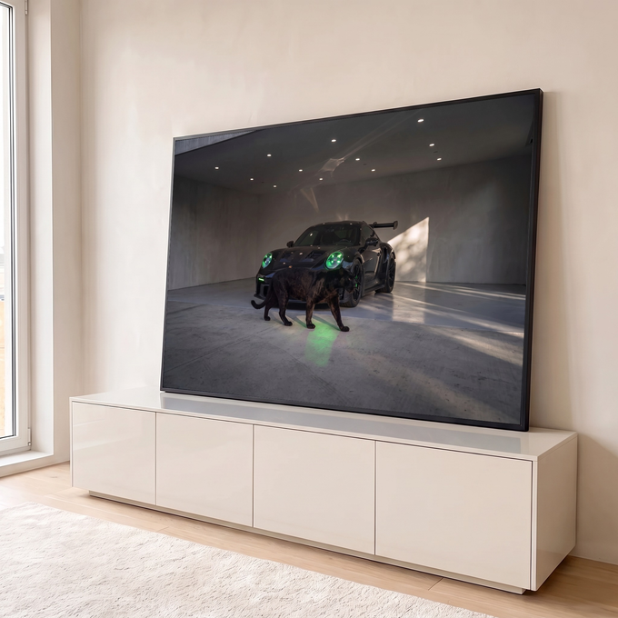 Porsche GT3 preto de faróis verdes em garagem de concreto com pantera negra caminhando, quadro decorativo