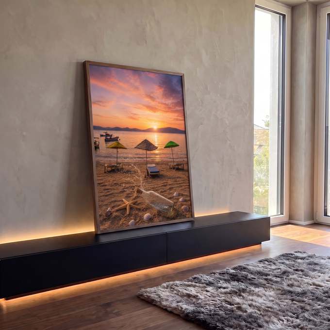 Praia ao pôr do sol com guarda-sóis, espreguiçadeiras, estrela-do-mar e garrafa na areia, quadro decorativo