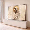 Jesus Cristo de olhos fechados, manto claro e auréola dourada em aquarela sépia, quadro decorativo