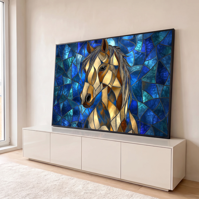 Quadro Decorativo Grande Cavalo em Mosaico para Sala Azul | quadros decorativos para sala | cabeça de cavalo dourada em estilo mosaico de vitral sobre fundo azul geométrico | em Quadros para Sala | Porao dos Quadros
