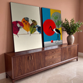 Quadro Decorativo Kit 2 Telas Aves de Folhas para Sala | quadros decorativos para sala | pássaros feitos de folhas secas e cegonha preta e branca sobre círculos coloridos | em Quadros para Sala | Porao dos Quadros
