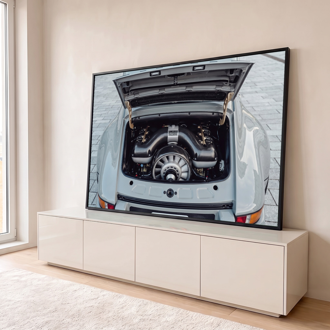 Quadro Decorativo Grande Motor Esportivo para Sala Preto | quadros decorativos para sala | motor boxer com dutos em fibra de carbono e dobradiças douradas vistos de cima | em Quadros para Sala | Porao dos Quadros