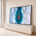 Quadro Decorativo Grande Barco Rio Turquesa Gelado para Sala | quadros decorativos para sala | vista aérea de barco de madeira vazio em rio turquesa entre margens de neve e gelo | em Quadros para Sala | Porao dos Quadros