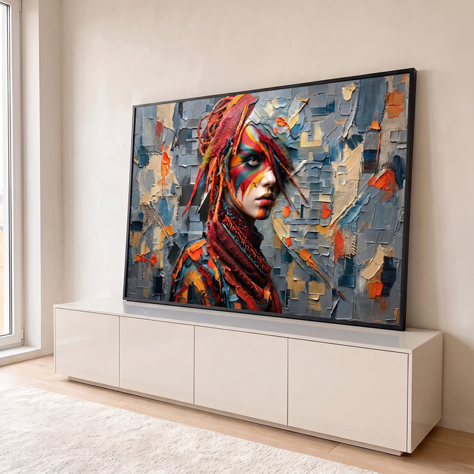 Mulher com rosto pintado em cores tribais e penas vermelhas sobre fundo cinza texturizado, quadro decorativo