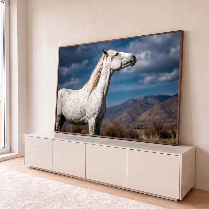 Cavalo branco tordilho de crina loira em perfil, céu azul com nuvens e montanhas ao fundo, quadro decorativo