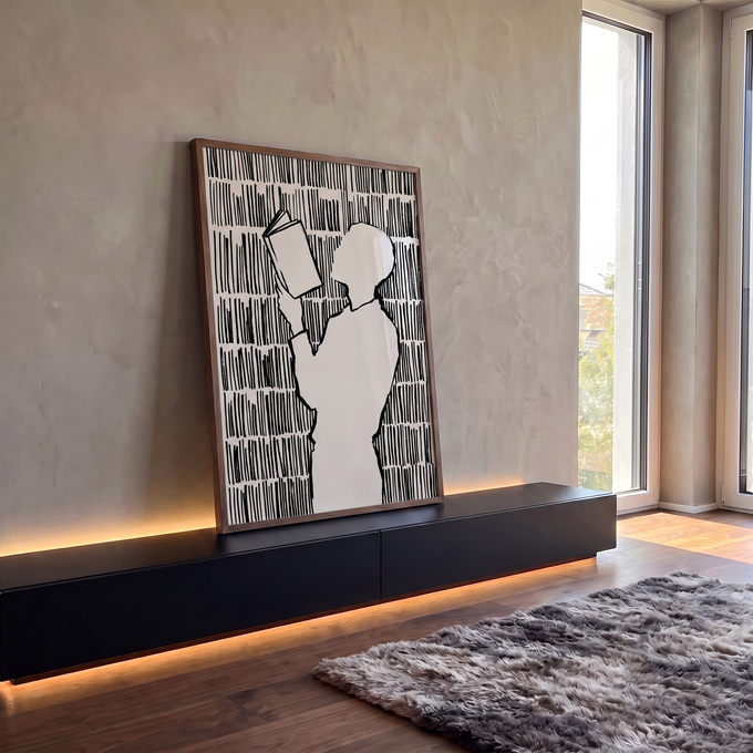 Quadro Decorativo Grande Silhueta Lendo para Sala Preto | quadros decorativos para sala | silhueta bege lendo livro cercada por linhas verticais pretas em estilo gráfico | em Quadros para Sala | Porao dos Quadros