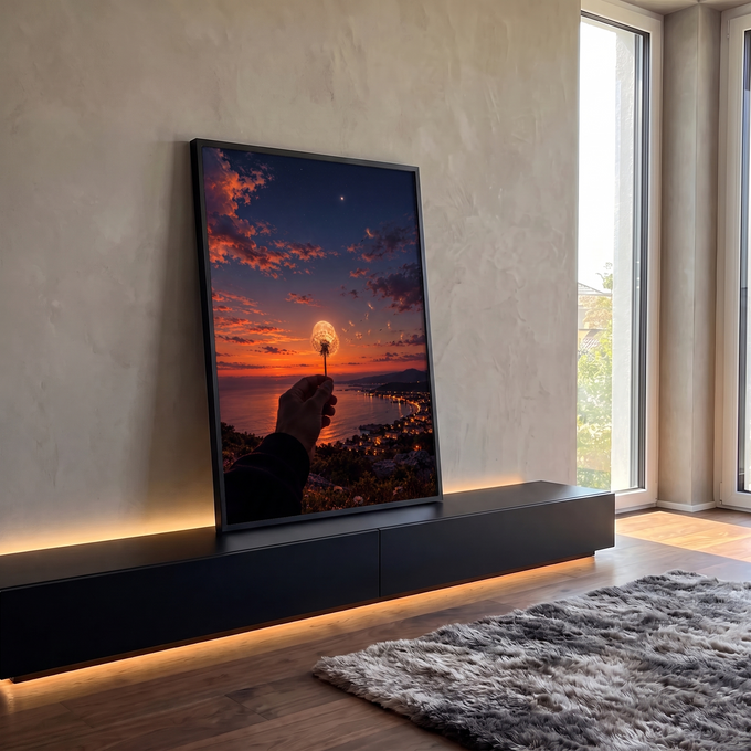 Quadro Decorativo Grande Mão com Dente de Leão para Sala | quadros decorativos para sala | dente-de-leão com lua cheia ao fundo sobre pôr do sol e cidade litorânea | em Quadros para Sala | Porao dos Quadros