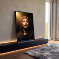 Quadro Decorativo Grande Jesus Cristo para Sala Preto | quadros decorativos para sala | retrato de Jesus Cristo com coroa de espinhos e sangue na testa, fundo escuro com luz dourada | em Quadros para Sala | Porao dos Quadros
