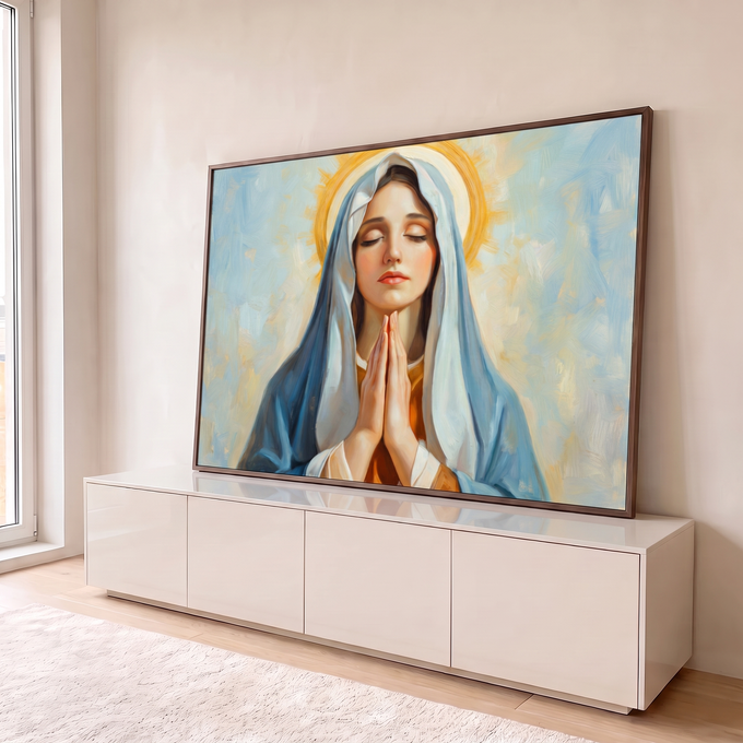 Quadro Decorativo Grande Nossa Senhora Paz para Sala Azul | quadros decorativos para sala | Nossa Senhora em oração com véu azul e auréola dourada, olhos fechados | em Quadros para Sala | Porao dos Quadros