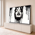 Quadro Decorativo Grande Rosto Tinta Preta para Sala Preto | quadros decorativos para sala | rosto feminino em preto e branco coberto por tinta preta escorrendo | em Quadros para Sala | Porao dos Quadros
