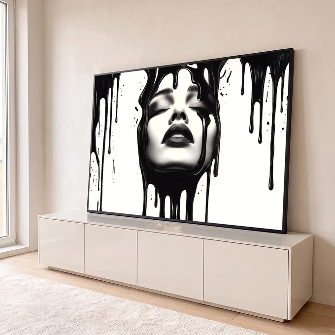 Quadro Decorativo Grande Rosto Tinta Preta para Sala Preto | quadros decorativos para sala | rosto feminino em preto e branco coberto por tinta preta escorrendo | em Quadros para Sala | Porao dos Quadros
