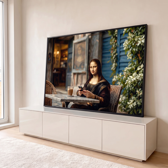 Mona Lisa sentada em café ao ar livre com celular, café com leite e flores brancas, quadro decorativo