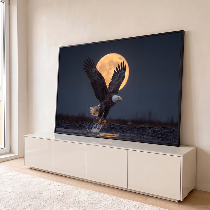 Quadro Decorativo Grande Águia Voando a Água para Sala Azul | quadros decorativos para sala | águia de cabeça branca voando sobre água com lua cheia dourada ao fundo | em Quadros para Sala | Porao dos Quadros