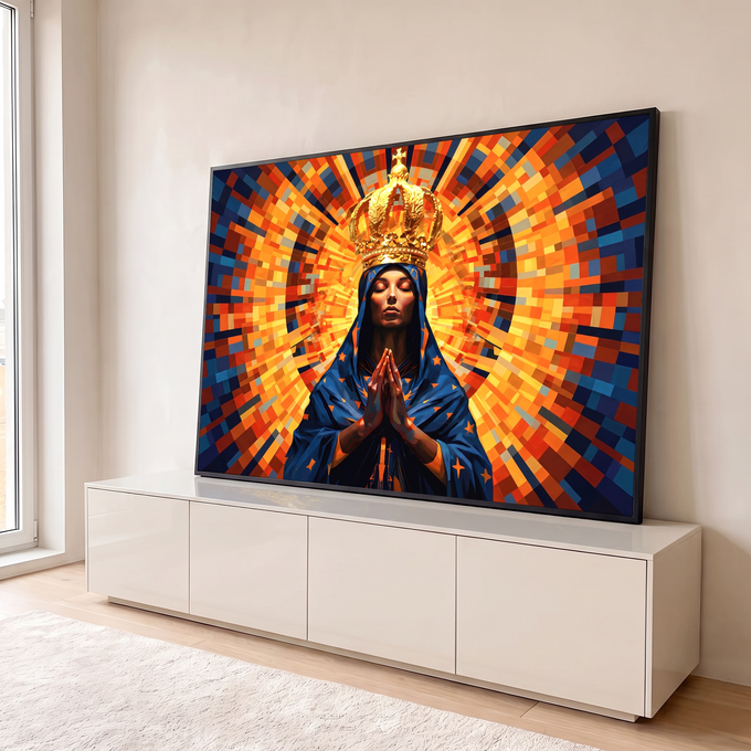 Nossa Senhora Aparecida coroada em oração, manto azul estrelado e mosaico laranja radiante, quadro decorativo