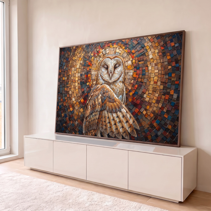 Coruja suindara de olhos fechados em mosaico de pastilhas marrom, dourado e azul, quadro decorativo