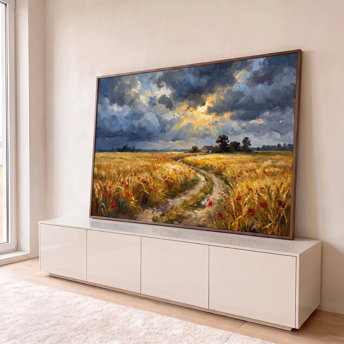 Quadro Decorativo Grande Paisagem Campo de Trigo para Sala | quadros decorativos para sala | campo de trigo dourado com papoulas vermelhas e céu nublado com raios de sol | em Quadros para Sala | Porao dos Quadros