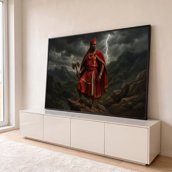 Quadro Decorativo Grande Xangô com Machado para Sala | quadros decorativos para sala | homem com manto vermelho e machado duplo diante de raios nas montanhas | em Quadros para Sala | Porao dos Quadros