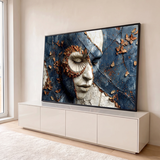Quadro Decorativo Grande Rosto Craquelado para Sala Azul | quadros decorativos para sala | rosto meio mármore meio cerâmica azul rachada coberto de borboletas marrons | em Quadros para Sala | Porao dos Quadros