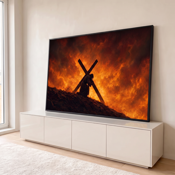 Quadro Decorativo Grande Jesus Carregando Laranja para Sala | quadros decorativos para sala | homem carregando grande cruz de madeira cercado por chamas intensas | em Quadros para Sala | Porao dos Quadros