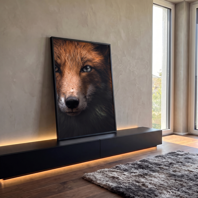 Raposa vermelha em close com olhos azuis, pelagem laranja e fundo escuro, quadro decorativo