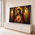 Jesus com coroa de espinhos e coração flamejante em vitral colorido dourado, quadro decorativo