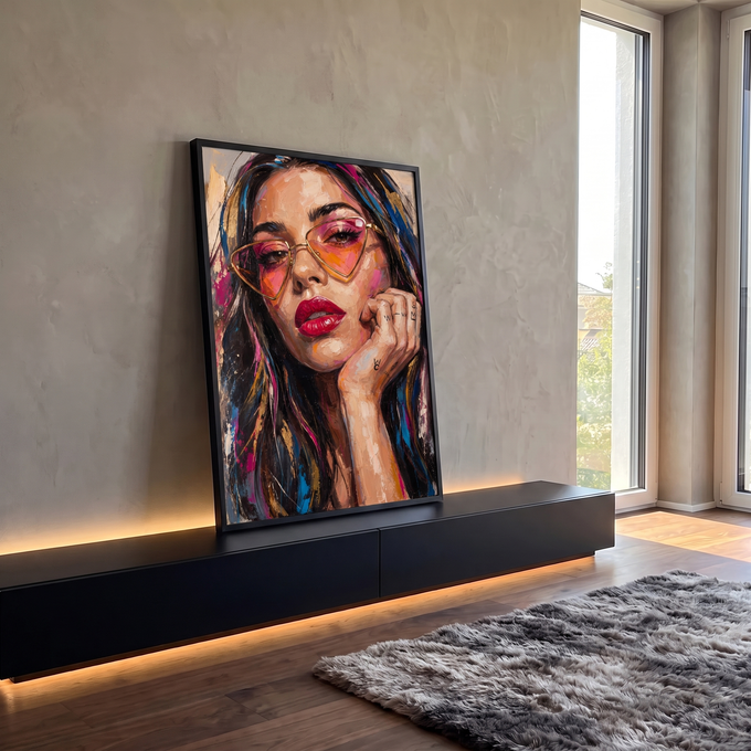 Quadro Decorativo Grande Mulher de Óculos para Sala Rosa | quadros decorativos para sala | retrato de mulher com óculos rosa e cabelo colorido em pintura texturizada | em Quadros para Sala | Porao dos Quadros