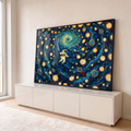 Quadro Decorativo Grande Astronauta e Relógios para Sala | quadros decorativos para sala | astronauta flutuando em vórtex azul cercado de relógios dourados e pulseiras coloridas | em Quadros para Sala | Porao dos Quadros