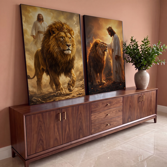 Quadro Decorativo Kit 2 Telas Leão Coroado para Sala Dourado | quadros decorativos para sala | leão coroado e figura de Jesus em cenário dourado e chamas | em Quadros para Sala | Porao dos Quadros