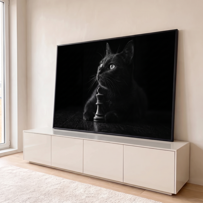 Gato preto de olhos claros deitado ao lado de um rei de xadrez em fundo escuro, quadro decorativo
