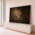 Filhote de leão de olhar atento entre folhagens verdes em fundo escuro e dourado, quadro decorativo
