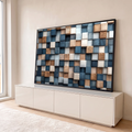 Quadro Decorativo Grande Mosaico de Cubos para Sala Azul | quadros decorativos para sala | mosaico de cubos 3D em azul-marinho, bege e branco com textura de madeira | em Quadros para Sala | Porao dos Quadros
