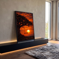 Quadro Decorativo Grande Balanço sob Árvore para Sala | quadros decorativos para sala | balanço de madeira sob árvore com pôr do sol laranja intenso ao fundo | em Quadros para Sala | Porao dos Quadros