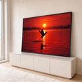 Quadro Decorativo Grande Pato Voando para Sala Vermelho | quadros decorativos para sala | pato em voo sobre lago com céu vermelho intenso e sol ao fundo | em Quadros para Sala | Porao dos Quadros
