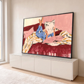 Quadro Decorativo Grande Pessoa Lendo Vermelho para Quarto | quadros decorativos para sala | pessoa de pijama azul deitada na cama lendo jornal, pés para cima | em Quadros para Quarto | Porao dos Quadros