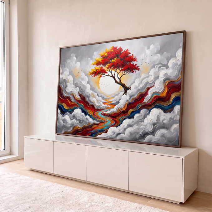 Árvore de copa vermelha diante de sol branco, nuvens cinzas em relevo e rio colorido, quadro decorativo